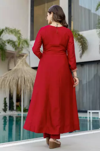Red color vichitra silk beautiful embroidered ceremonial readymade kurta set
