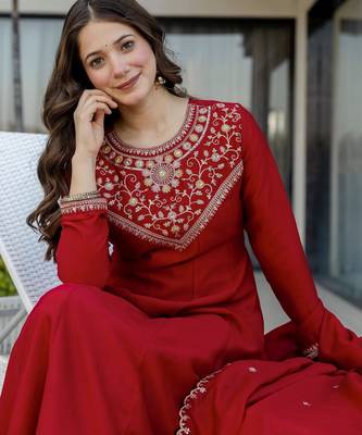 Red color vichitra silk beautiful embroidered ceremonial readymade kurta set 3