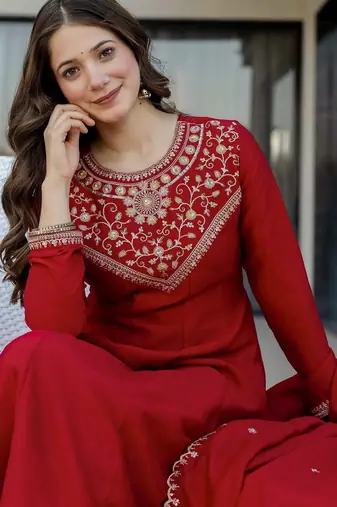 Red color vichitra silk beautiful embroidered ceremonial readymade kurta set