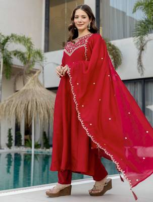 Red color vichitra silk beautiful embroidered ceremonial readymade kurta set 4