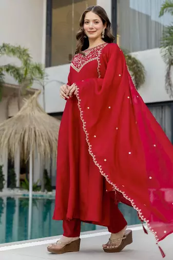 Red color vichitra silk beautiful embroidered ceremonial readymade kurta set