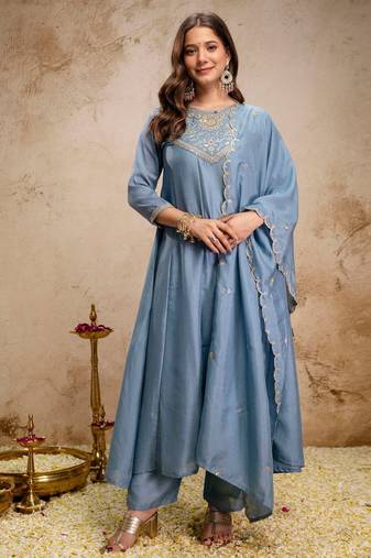 Sky blue color vichitra silk fabric beautiful embroidered ceremonial readymade kurta set