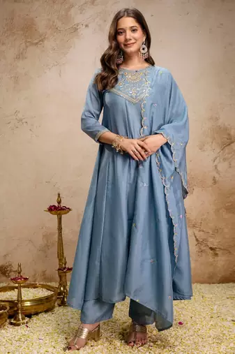 Sky blue color vichitra silk fabric beautiful embroidered ceremonial readymade kurta set