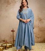 Sky blue color vichitra silk fabric beautiful embroidered ceremonial readymade kurta set