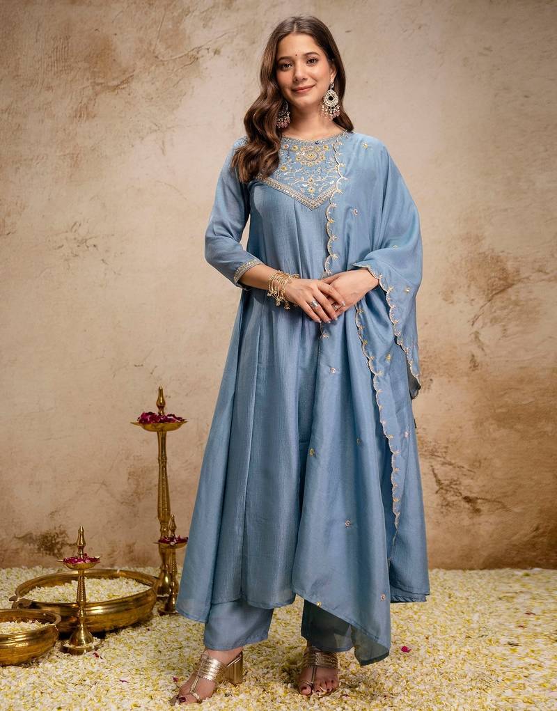 Sky blue color vichitra silk fabric beautiful embroidered ceremonial readymade kurta set