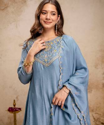 Sky blue color vichitra silk beautiful embroidered ceremonial readymade kurta set 3