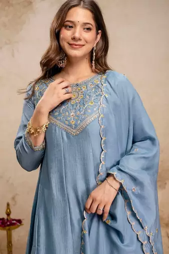 Sky blue color vichitra silk beautiful embroidered ceremonial readymade kurta set