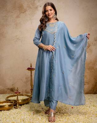 Sky blue color vichitra silk beautiful embroidered ceremonial readymade kurta set 4