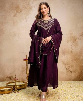 Wine color vichitra silk beautiful embroidered ceremonial readymade kurta set 1