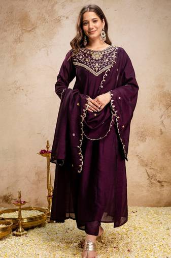 Wine color vichitra silk fabric beautiful embroidered ceremonial readymade kurta set