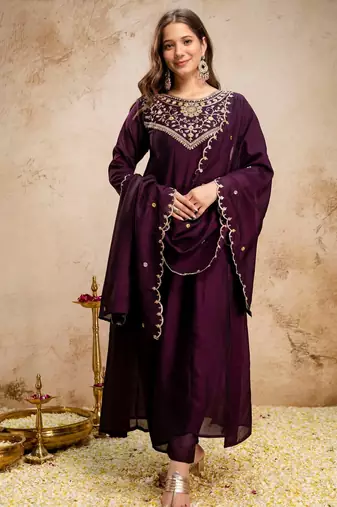 Wine color vichitra silk fabric beautiful embroidered ceremonial readymade kurta set
