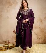 Wine color vichitra silk fabric beautiful embroidered ceremonial readymade kurta set