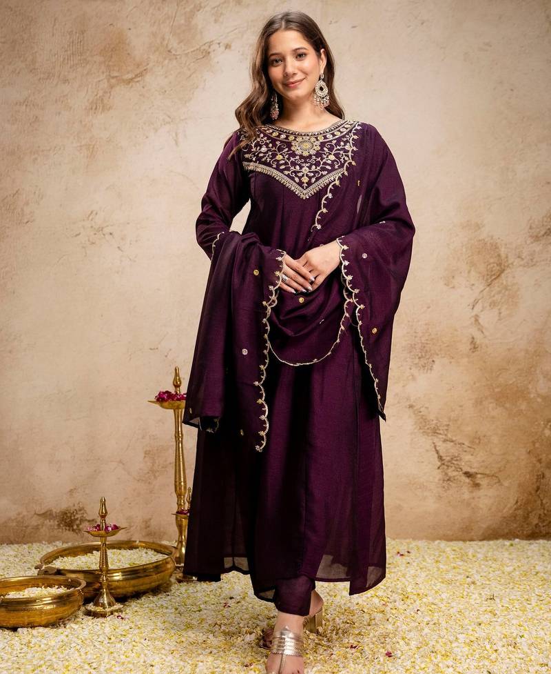 Wine color vichitra silk fabric beautiful embroidered ceremonial readymade kurta set