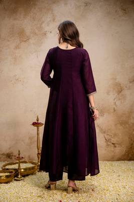 Wine color vichitra silk beautiful embroidered ceremonial readymade kurta set 2