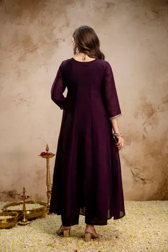 Wine color vichitra silk beautiful embroidered ceremonial readymade kurta set