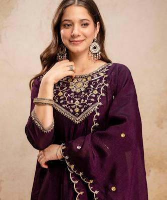 Wine color vichitra silk beautiful embroidered ceremonial readymade kurta set 3