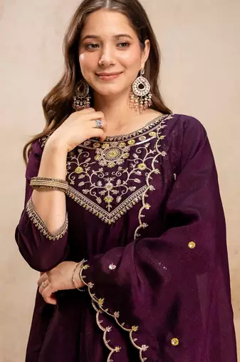 Wine color vichitra silk beautiful embroidered ceremonial readymade kurta set