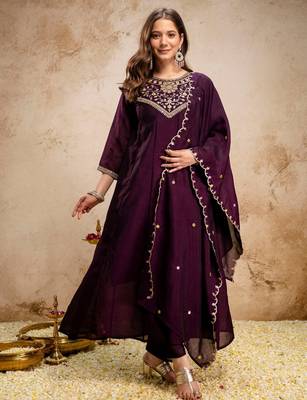 Wine color vichitra silk beautiful embroidered ceremonial readymade kurta set 4