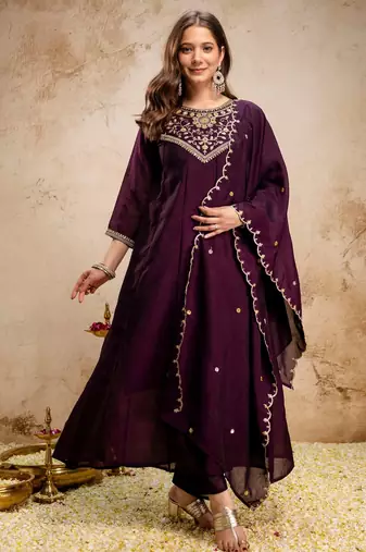 Wine color vichitra silk beautiful embroidered ceremonial readymade kurta set