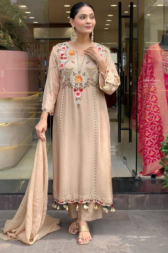 Cream color p v chanderi fabric beautiful embroidered ceremonial readymade kurta set