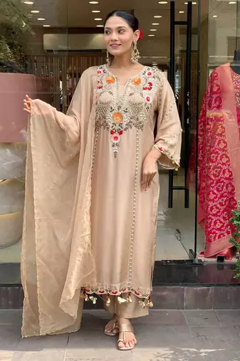 Cream color p v chanderi beautiful embroidered ceremonial readymade kurta set