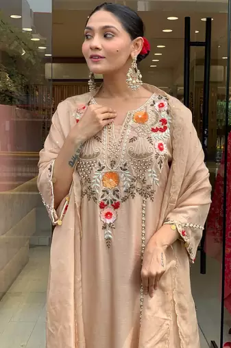 Cream color p v chanderi beautiful embroidered ceremonial readymade kurta set