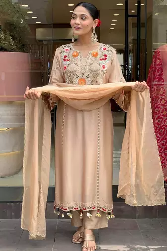 Cream color p v chanderi beautiful embroidered ceremonial readymade kurta set