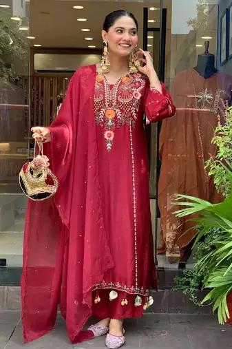 Maroon color p v chanderi fabric beautiful embroidered ceremonial readymade kurta set