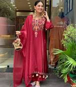 Maroon color p v chanderi fabric beautiful embroidered ceremonial readymade kurta set