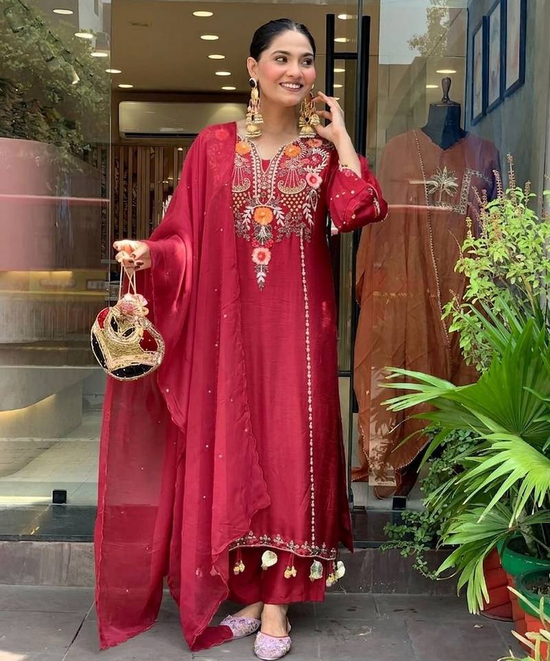 Maroon color p v chanderi fabric beautiful embroidered ceremonial readymade kurta set