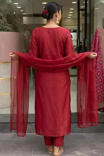 Maroon color p v chanderi beautiful embroidered ceremonial readymade kurta set