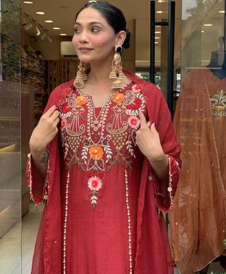 Maroon color p v chanderi beautiful embroidered ceremonial readymade kurta set 3