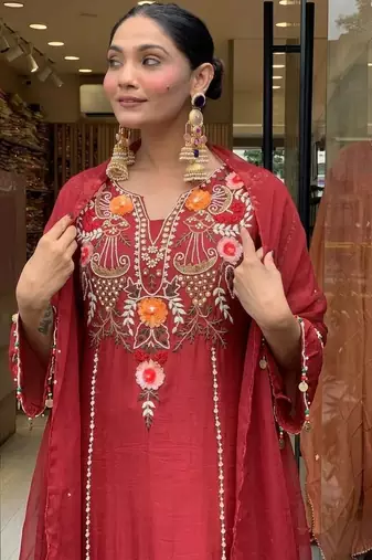 Maroon color p v chanderi beautiful embroidered ceremonial readymade kurta set
