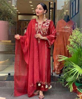 Maroon color p v chanderi beautiful embroidered ceremonial readymade kurta set 4
