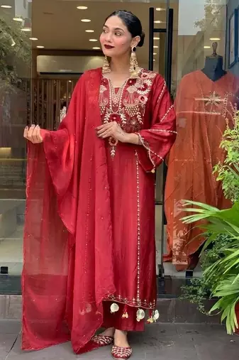 Maroon color p v chanderi beautiful embroidered ceremonial readymade kurta set