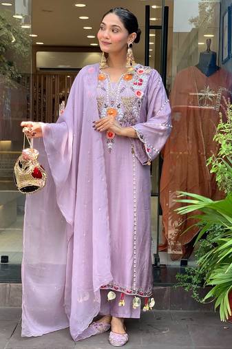 Onion color p v chanderi fabric beautiful embroidered ceremonial readymade kurta set