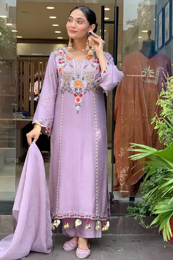 Onion color p v chanderi beautiful embroidered ceremonial readymade kurta set