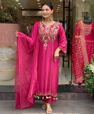 Pink color p v chanderi beautiful embroidered ceremonial readymade kurta set 1