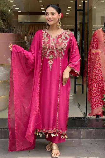 Pink color p v chanderi fabric beautiful embroidered ceremonial readymade kurta set