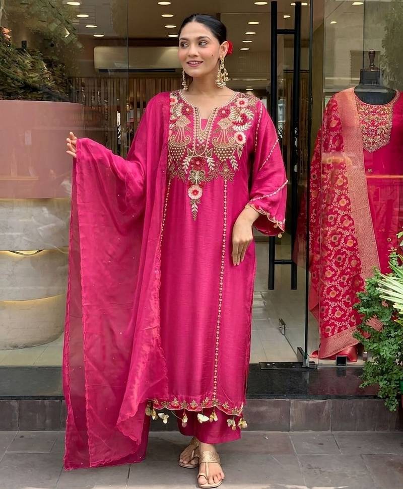 Pink color p v chanderi fabric beautiful embroidered ceremonial readymade kurta set