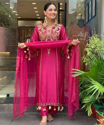 Pink color p v chanderi beautiful embroidered ceremonial readymade kurta set 4