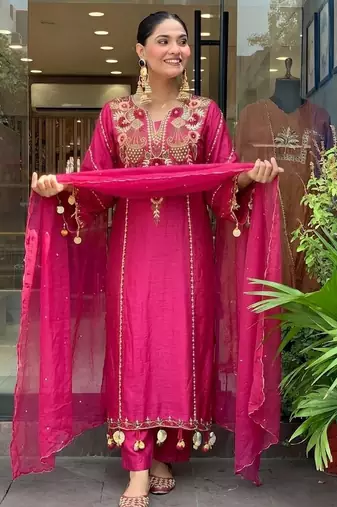 Pink color p v chanderi beautiful embroidered ceremonial readymade kurta set