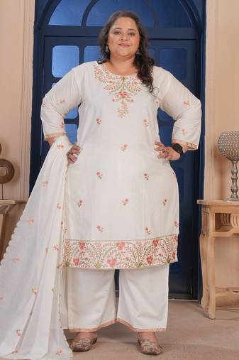 White color smart embroidered plus size kurta set for smart girlie looks