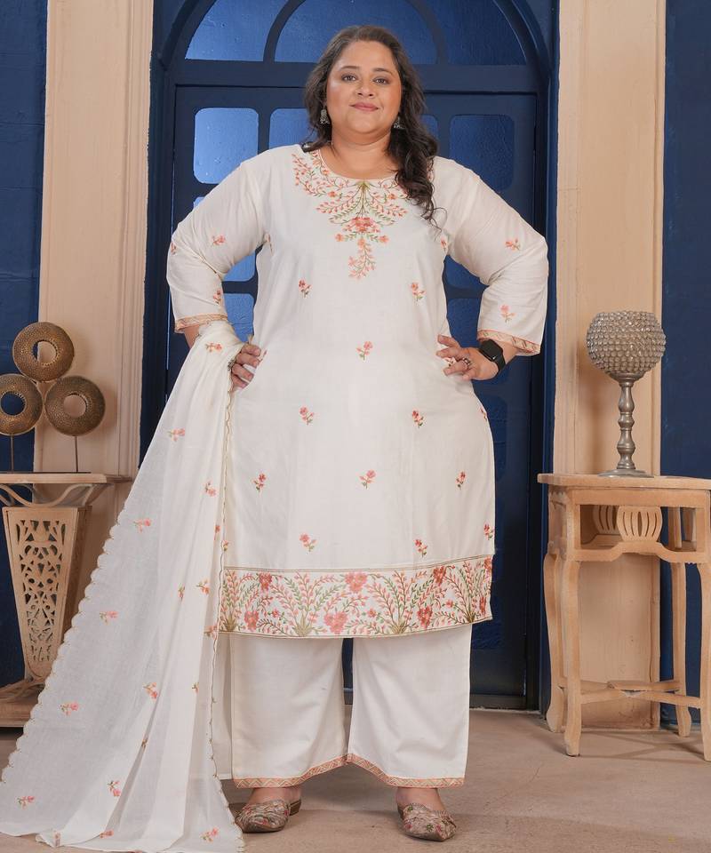White color smart embroidered plus size kurta set for smart girlie looks
