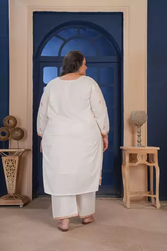 White color smart embroidered plus size kurta set for smart looks