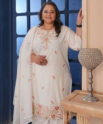 White color smart embroidered plus size kurta set for smart looks 3