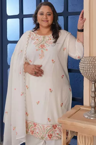 White color smart embroidered plus size kurta set for smart looks