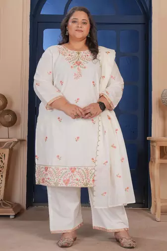 White color smart embroidered plus size kurta set for smart looks