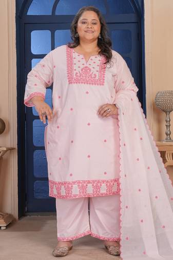 Pink color smart embroidered plus size kurta set for smart girlie looks