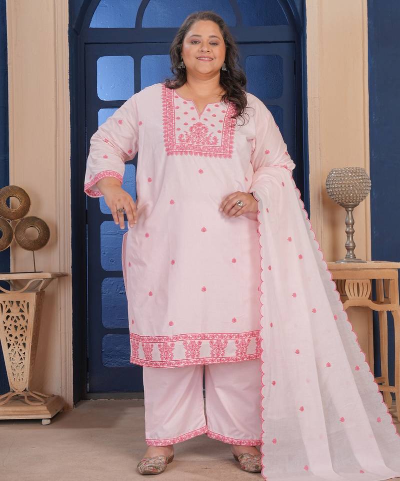 Pink color smart embroidered plus size kurta set for smart girlie looks